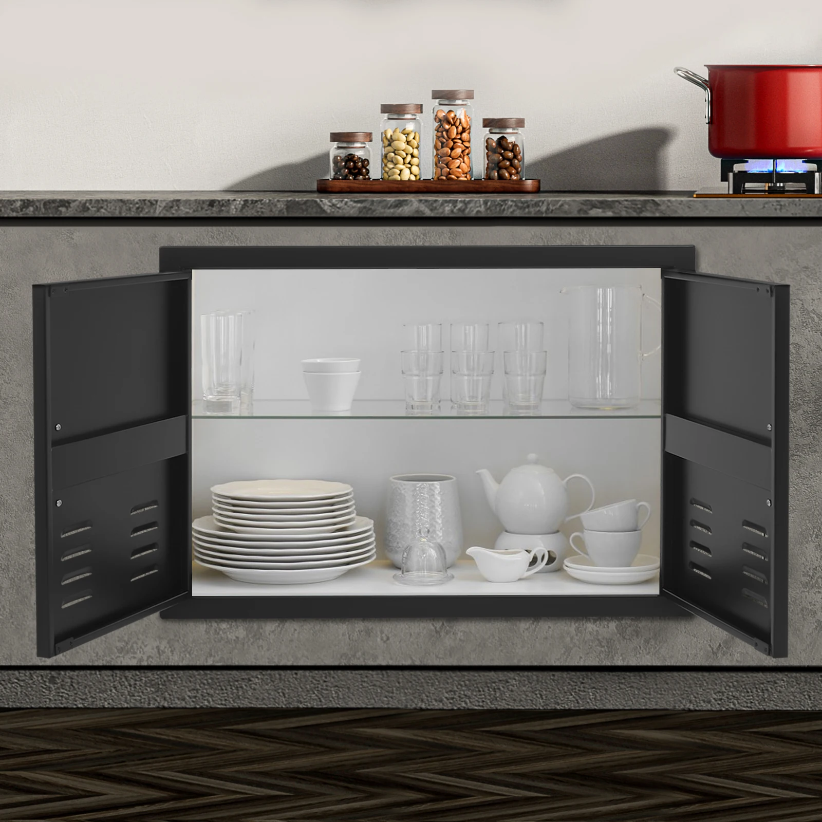 Double Outdoor Kitchen BBQ Access Door 29.92X20.87Inch Carbon Steel Magnetic Closure Cabinet Door With Air Vents & Pre‑Drilled Holes, Rust UV Resistant For BBQ Island Grilling Station Storage Cabinet