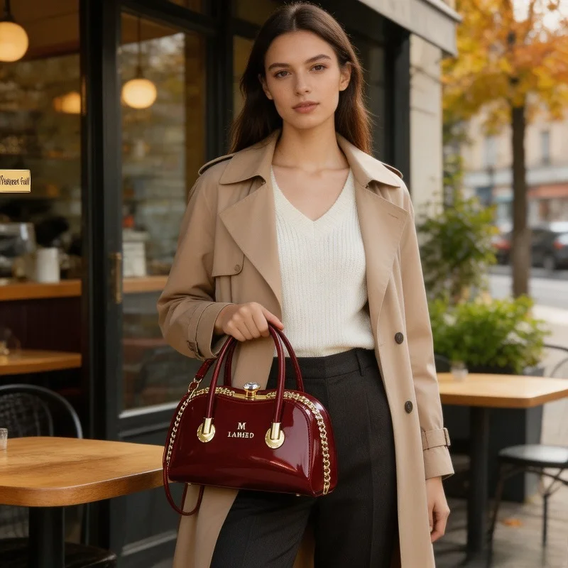 Women Glossy Patent Leather Handbag Crystal Lock Decor Metal Chain Top Handle Detachable Strap Evening Party Shoulder Purse