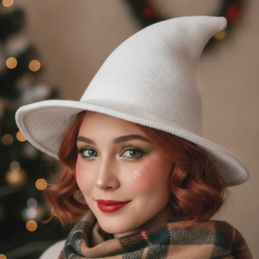 Cosplay Headpiece Knitted Witch Hat Wide Brim Solid Color Wizard Cap Pointed Top Breathable Pointed Bonnet Halloween Party