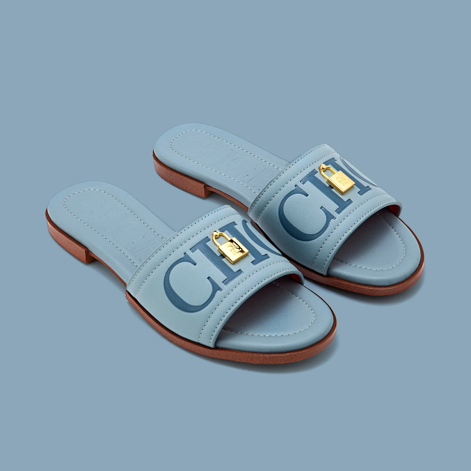 

2025 Blue Flat Mules Genuine Leather Breathable Strap Metal Buckle Non Slip Lightweight Beach Vacation Outfit Women Sandals Gift