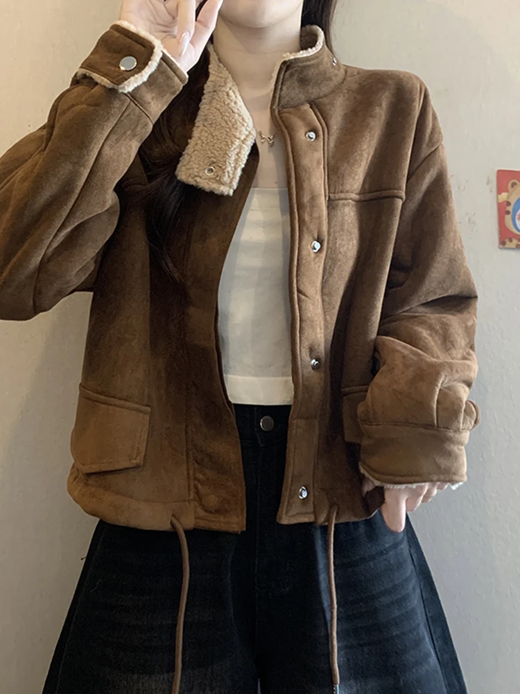 

Slimming Large Size Suede Jaet Women's Stand Collar ort Outerwear Loose Fit Cleanfit Sle Autumn Winter New Arrival