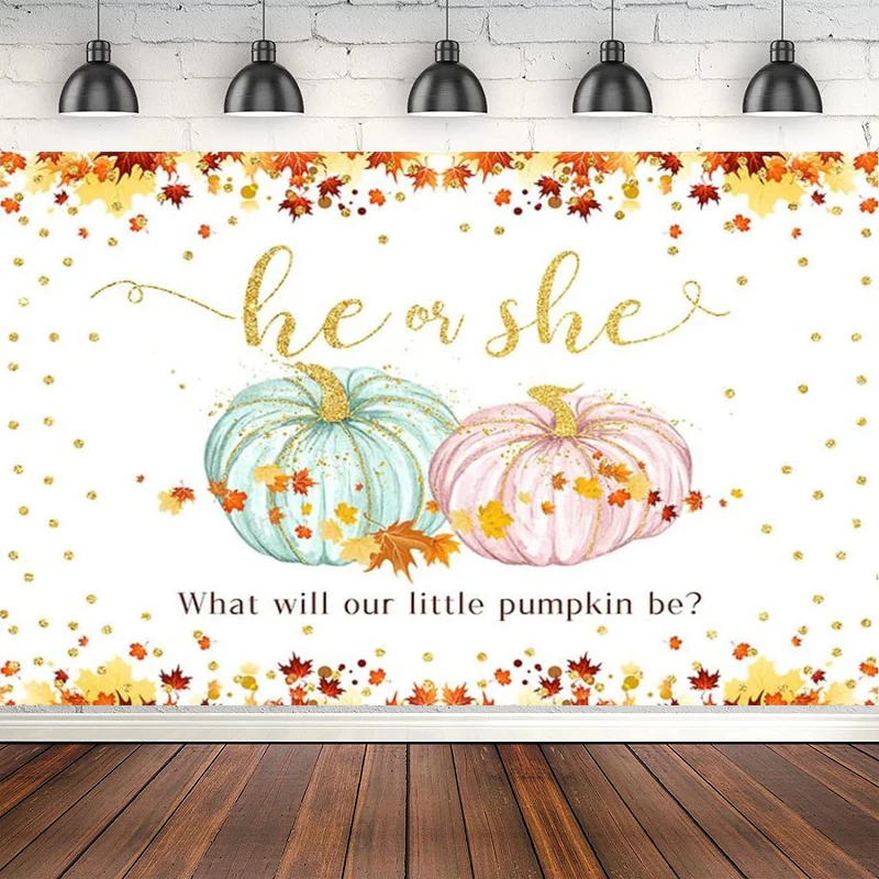 Fall Pumpkin Gender Reveal Photography Backdrop Baby Shower Party Decor Supplies Golden Maple Leaves Photo Background Banner