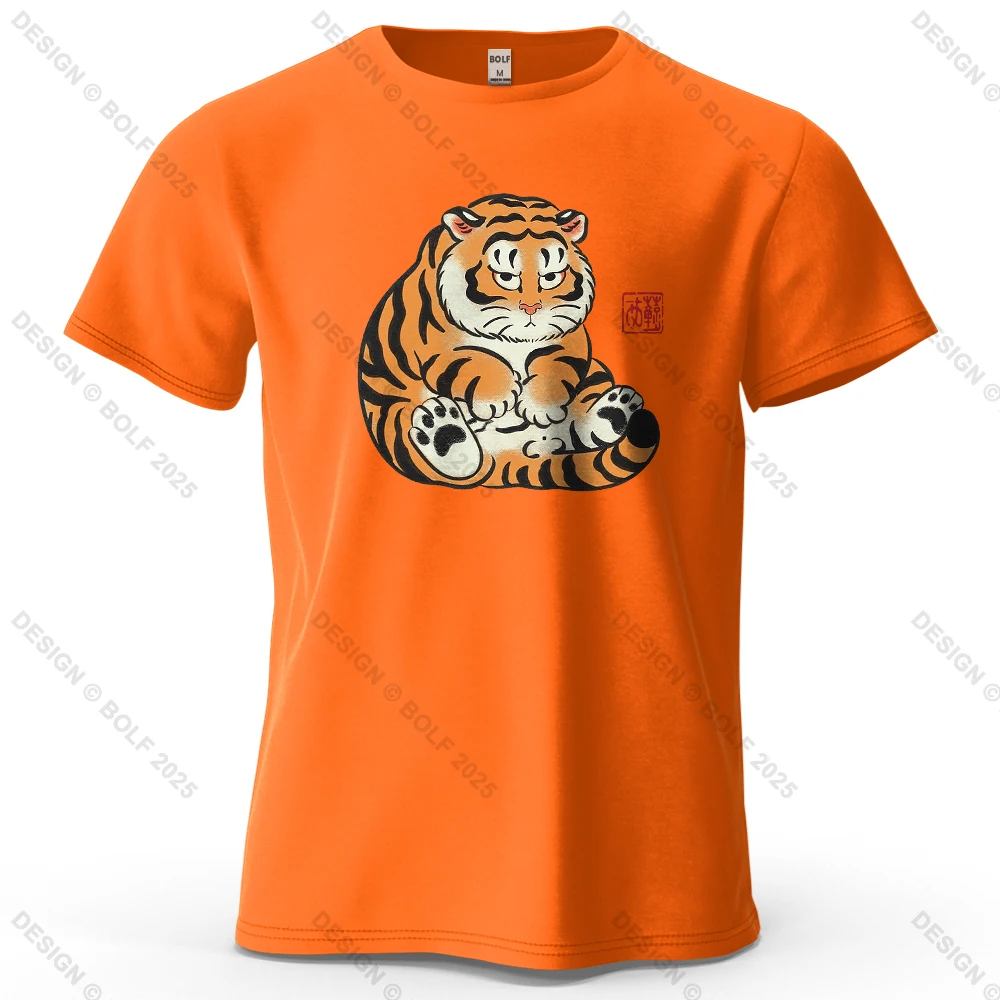 Fat Tiger Illustration Cartoon Printed T-shirt Cotton Casual Cute Pattern Women's Soft Top Personalized Streetwear