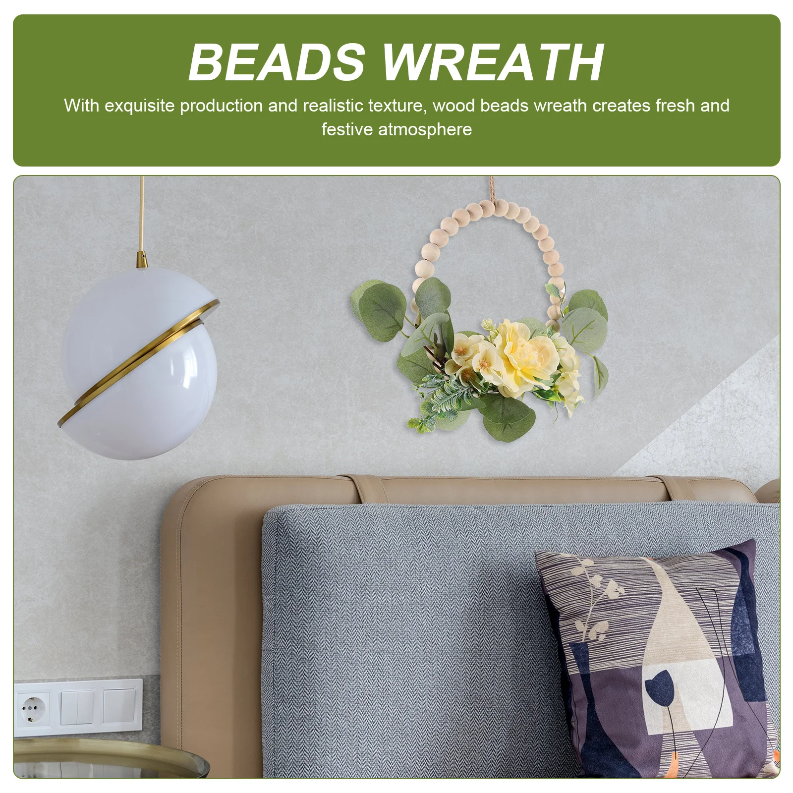 

Wood Beads Wreath Rustic Design Hanging Door Front Wall Decor Artificial Flower Garland Wedding Party Home Decor