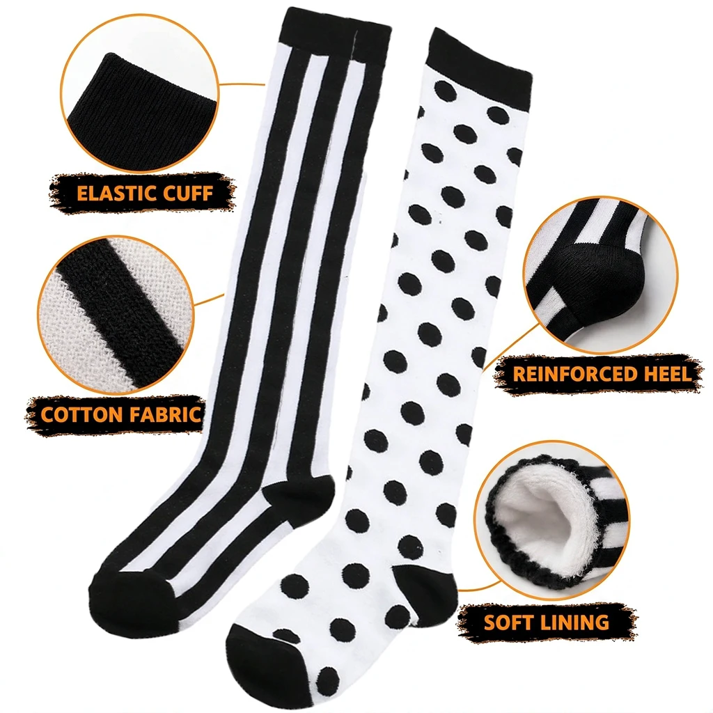 Halloween Over The Knee Socks Black White Polka Dot Striped Thigh High Sock Cosplay Costume Stocking for Women Party Fancy Dress