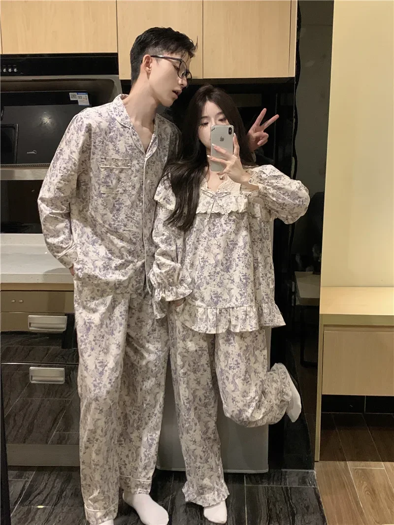 100% Cotton Ruffle Couple Sleepwear Women Men Painting Pyjamas Long Sleeve Nightdress Autumn Winter Sets Pants Home Clothes S435