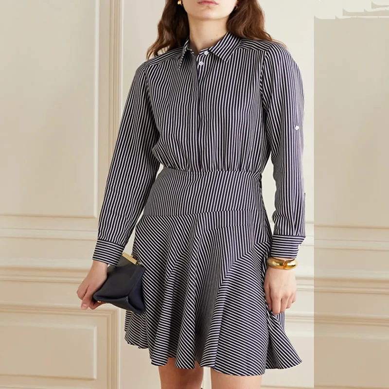 

Women Stripe Dress Long Sleeve Turn-Down Collar OL Work Dresses 12281