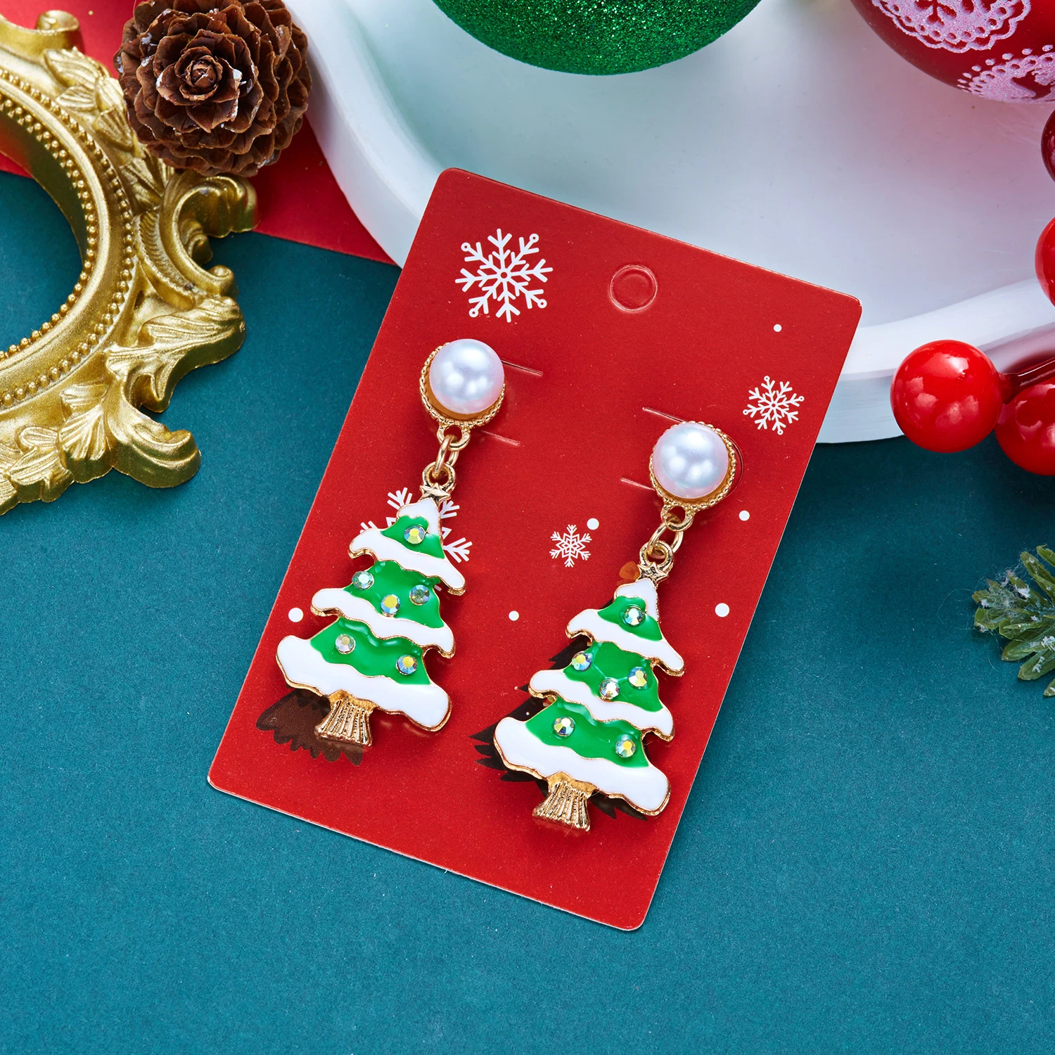 Merry Christmas Xmas Tree Red Ball Asymmetric Stud Earrings for Women New Year Snowflake Bell Deer Zircon Festival Earring