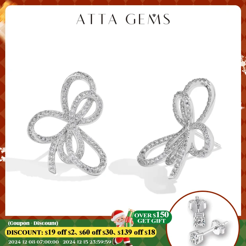 

ATTAGEMS Sparkling Bow Knot Moissanite Stud Earrings for Women VVS1 Diamond 100% 925 Sterling Silver Handmade Wedding Bride Gift