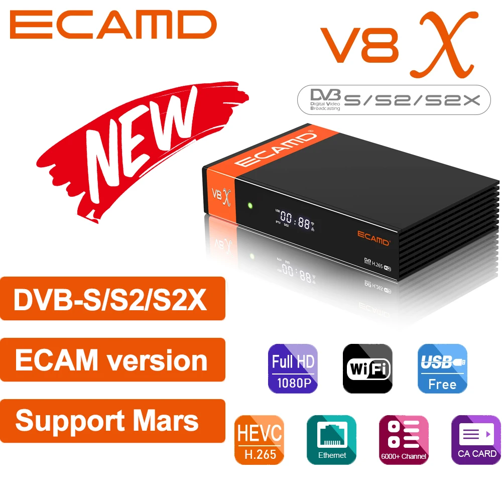 ECAMD V8X Satellite receiver DVB-S/S2/S2X, VCM/ACM/multi-stream Support Built-in 2.4G WIFI ECAM V8X Support Mars ccam Function