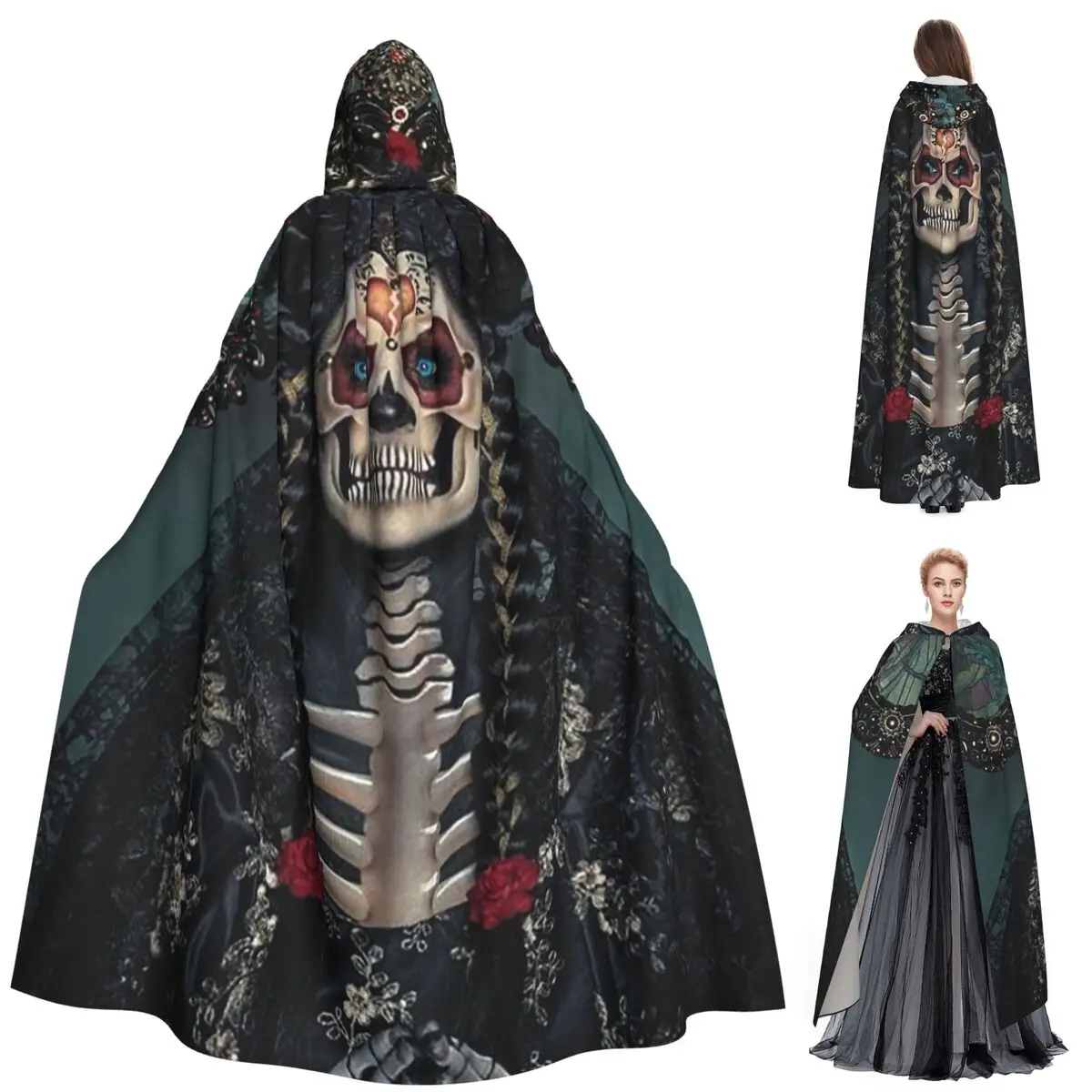 Mexico Skull Woman Vintage Style Long Hooded Cloak Witch Medieval Costume
