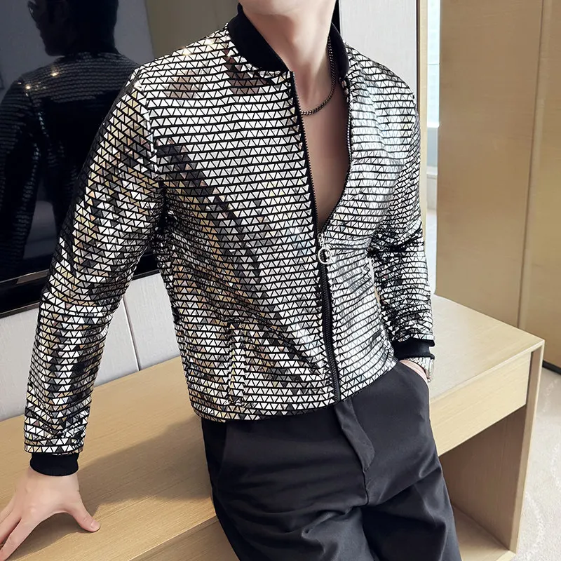 เสื้อแจ็คเก็ตคอตั้งประดับเลื่อมสีเงินสำหรับผู้ชาย เหมาะสำหรับบาร์ ร้านคาราโอเกะ และการแสดงบนเวที เสื้อโค้ทลำลอง