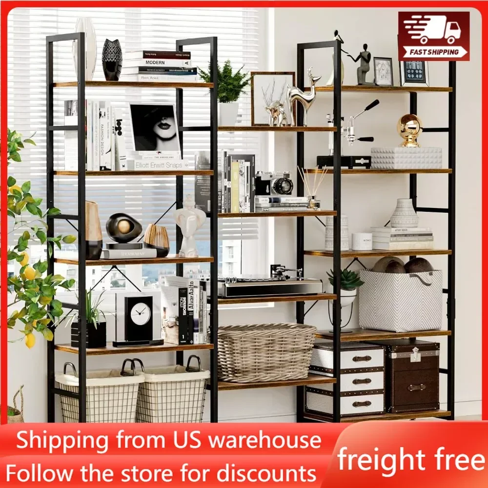 Triple Wide 5 Tier Bookshelf Rustic Industrial Style Bookcases with 14 Open Display Shelves Modern Tall Bookcase Furniture