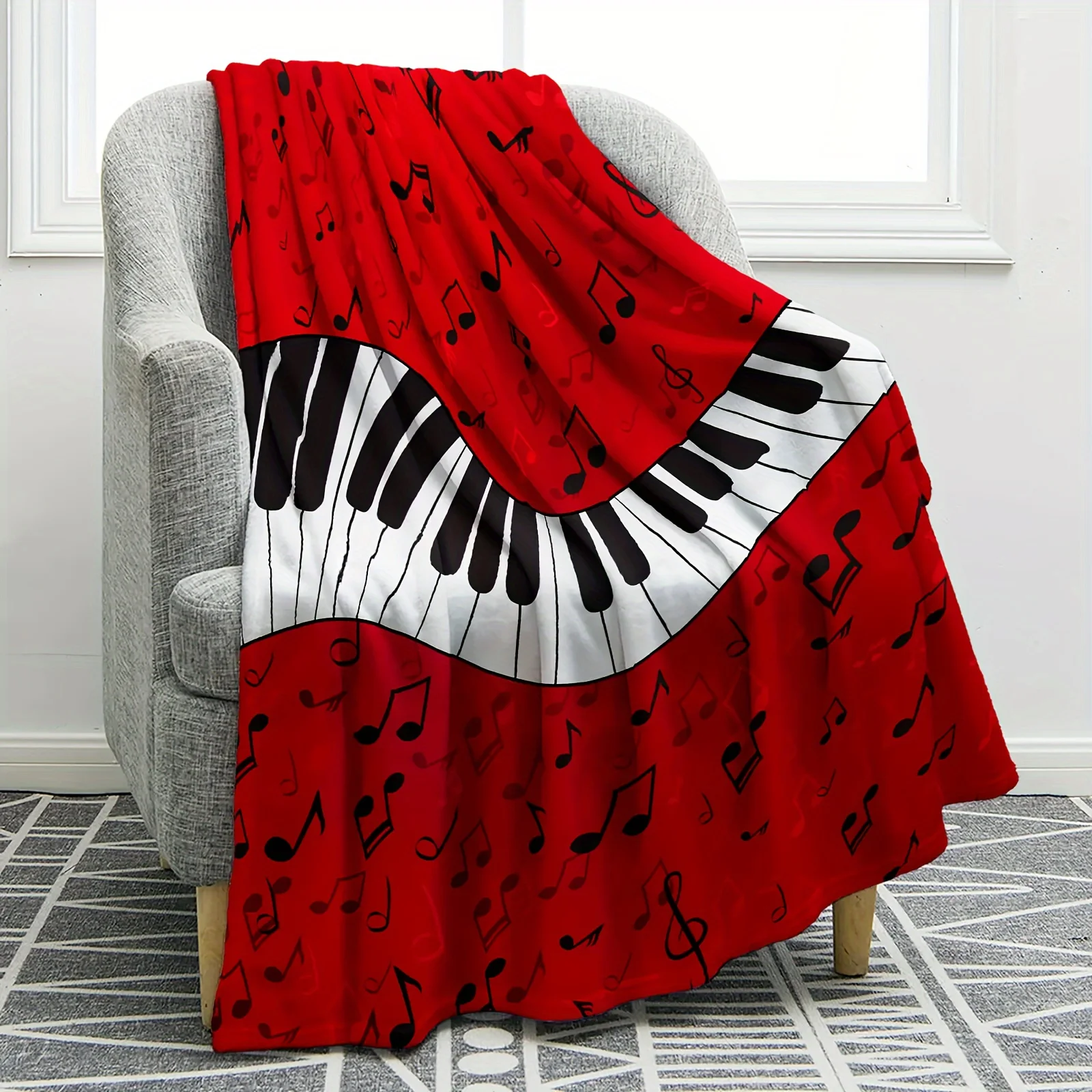 Reversible Piano Keyboard Blanket with Music Notes Design Soft Lightweight All Season Throw for Music Lovers Gift