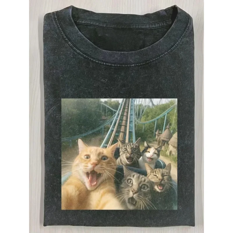 Hip Hop Gang Cats Graphic T Shirt Vintage Loose Oversized Short Sleeve Tee Casual Streetwear Unisex Funny Pet Animal Print Tops