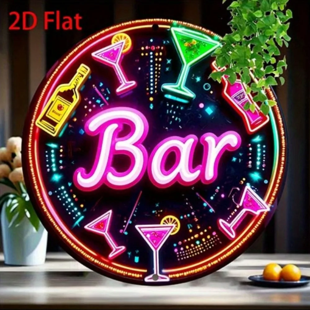 2D Flat Neon Style Bar Cocktail Wine Bottle Round Metal Sign, Colorful Martini Glass Drinks Circular Tin Sign,