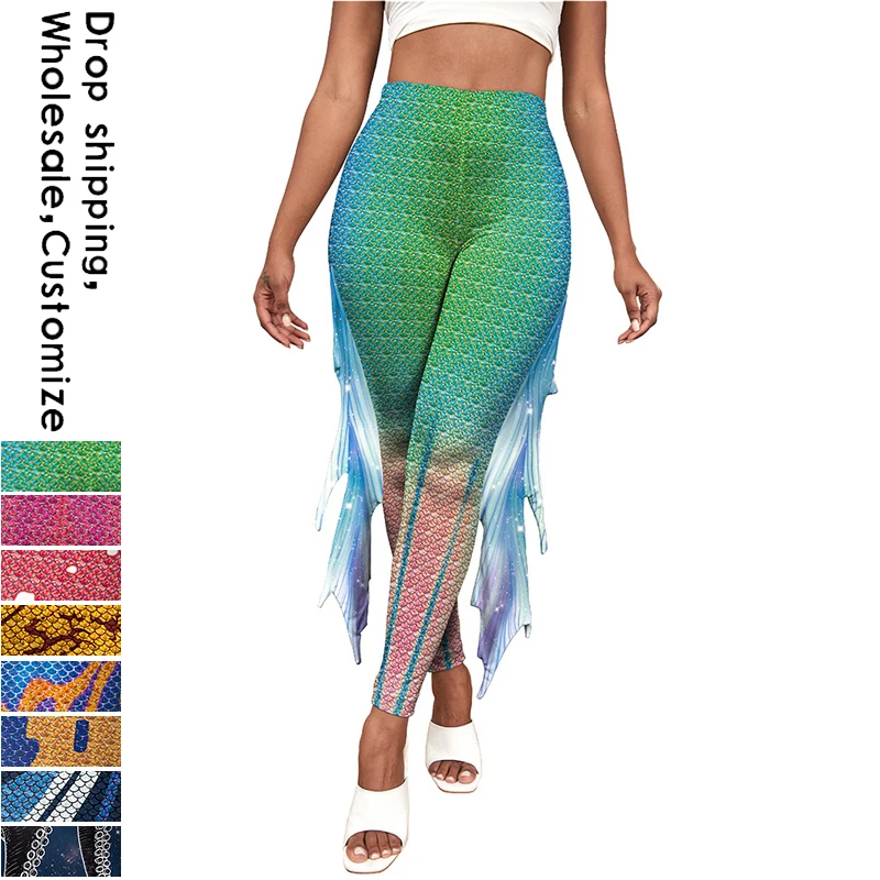 NADANBAO Sexy Women Mermaid Leggings Fish Scale Workout Pants Halloween Cosplay Nightclub Costumes High Waist Trousers