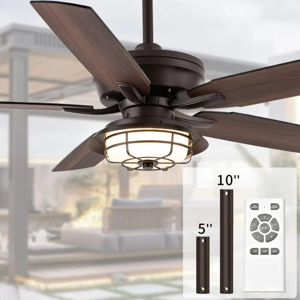 Outdoor Ceiling Fans with Lights and Remote, Waterproof 52 Inch Ceiling Fan with 3 Color LED Light for Patios, Gazebos