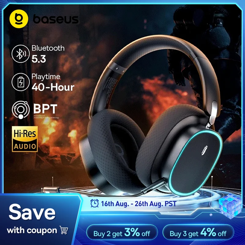 Casque de jeu sans fil Baseus GH02 avec micro, casque supra-auriculaire Bluetooth 5.3, haut-parleur 40 mm, 2.4G/sans fi…
