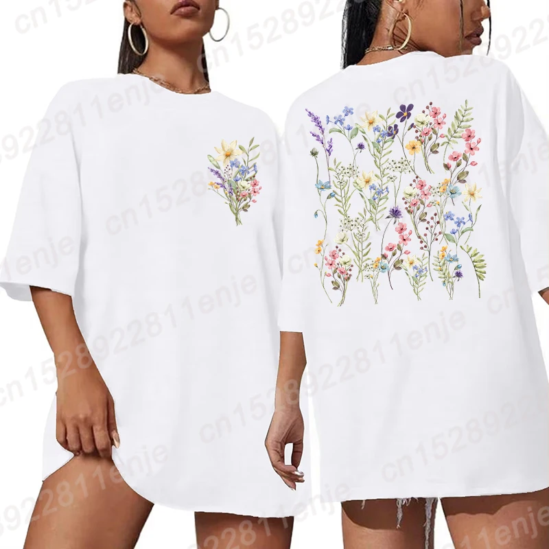 Retro Wildflower Print T-Shirts Women Oversized T-shirt Fashion Pure Cotton Vintage Flowers Tshirt Casual Short Sleeves Tees Top