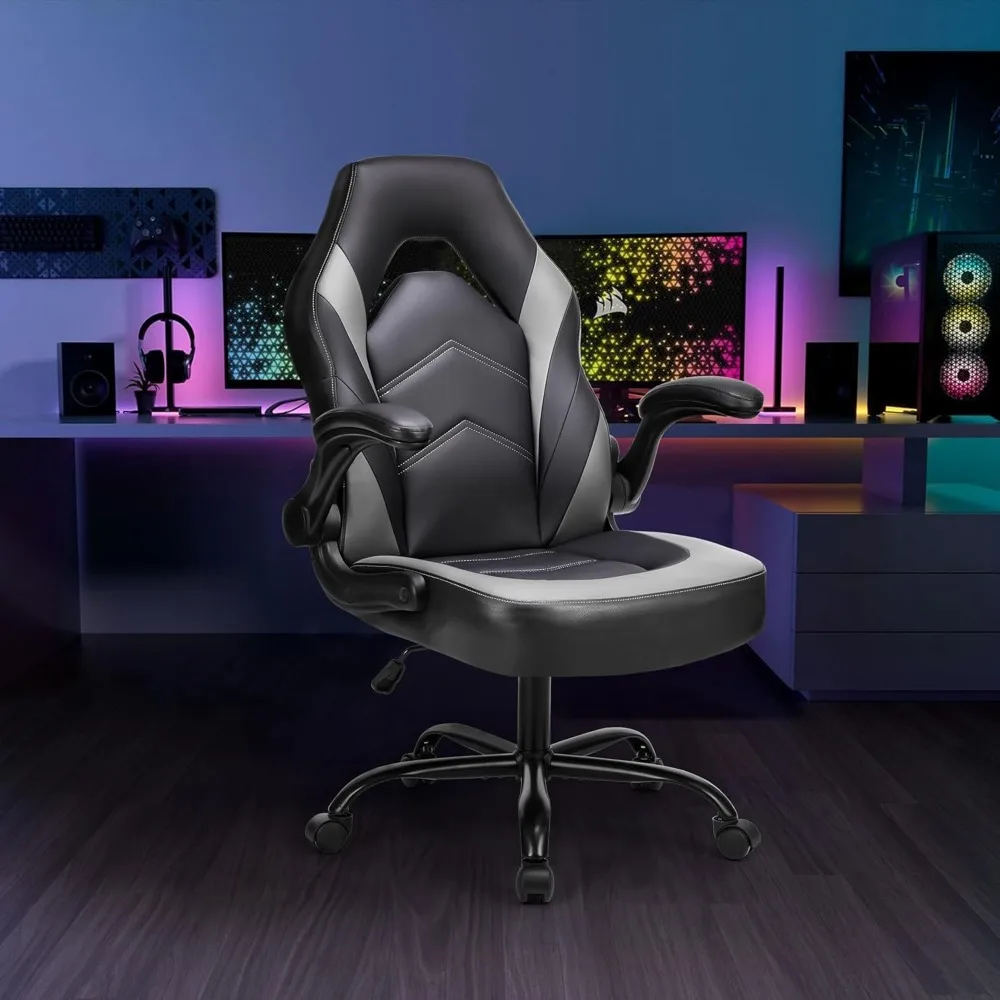 Computer Game Desk Chair - Ergonomic PU Leather Lumbar Support, Height Adjustable High Back Video Game with Flip-up Armrest,