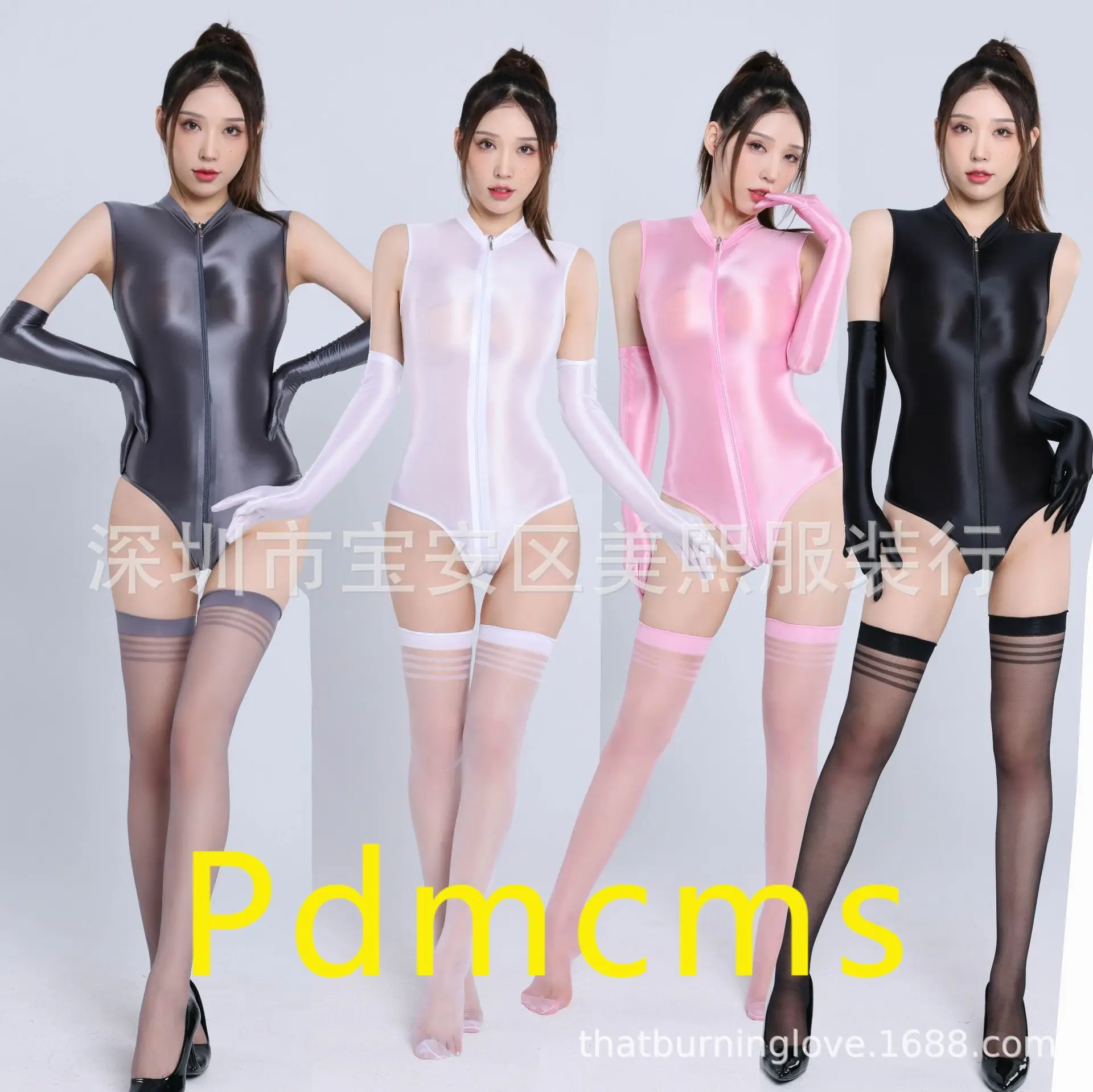 

2025 новый маслянистый гладкий шелковистый гладкий комбинезон с двойной молнией и промежностью с длинными рукавами + носки 1926