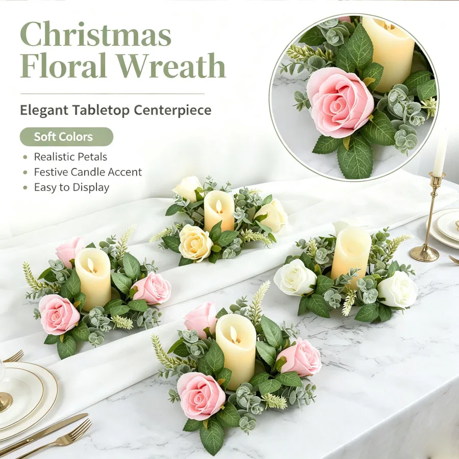 Artificial Rose Wreath Shaped Candlestick Floral Garland Desktop Candle Holder Christmas Wedding Birthday Party Table Decor