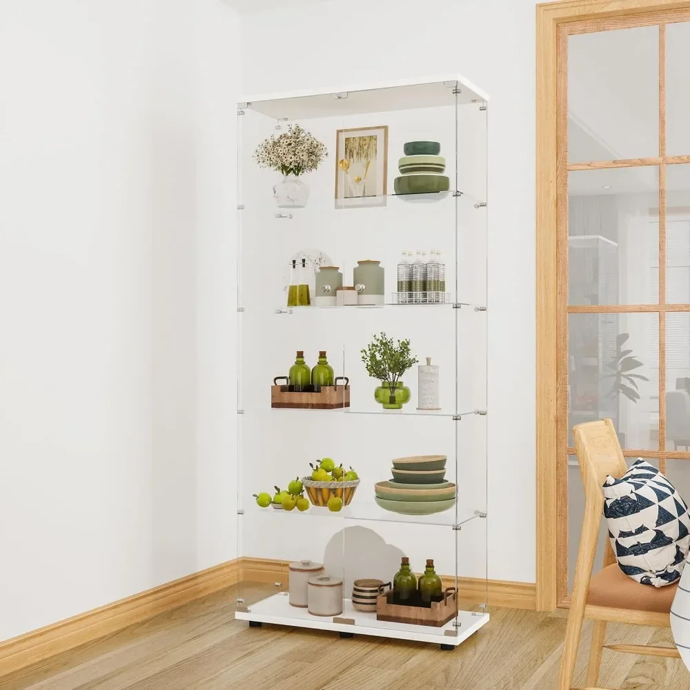 Glass Display Cabinet 5-Shelf , Curio Cabinets Upgraded Quick-Install Style Tempered Glass Floor Standing Bookshelf White