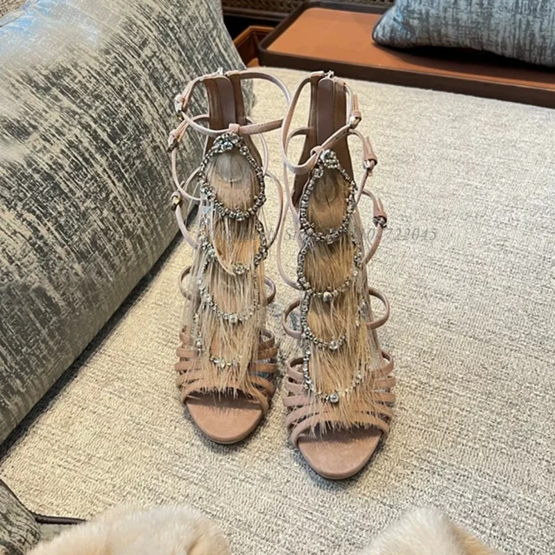 

Bling Crystal Buckled Nude Suede Leather Sandals Women's Summer Caged High Heels Booties Sexy Luxury Designer Party Shoes