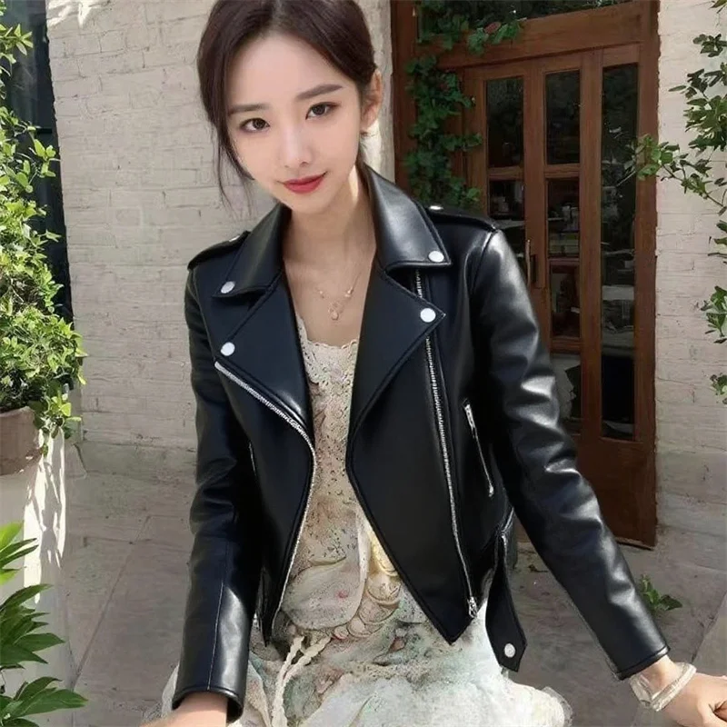 신상품 2025 여성용 숏 모터사이클 재킷 한국 버전 PU 가죽 재킷 슬림 봄 가을 코트 아우터웨어 노랑 빨강 검정