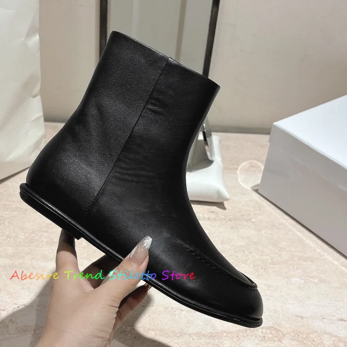 Simple Round Toe Leather Side Zipper Chelsea Boots Women Genuine Leather Comfortable Flat Bottomed Solid Color Winter Ankle Boot