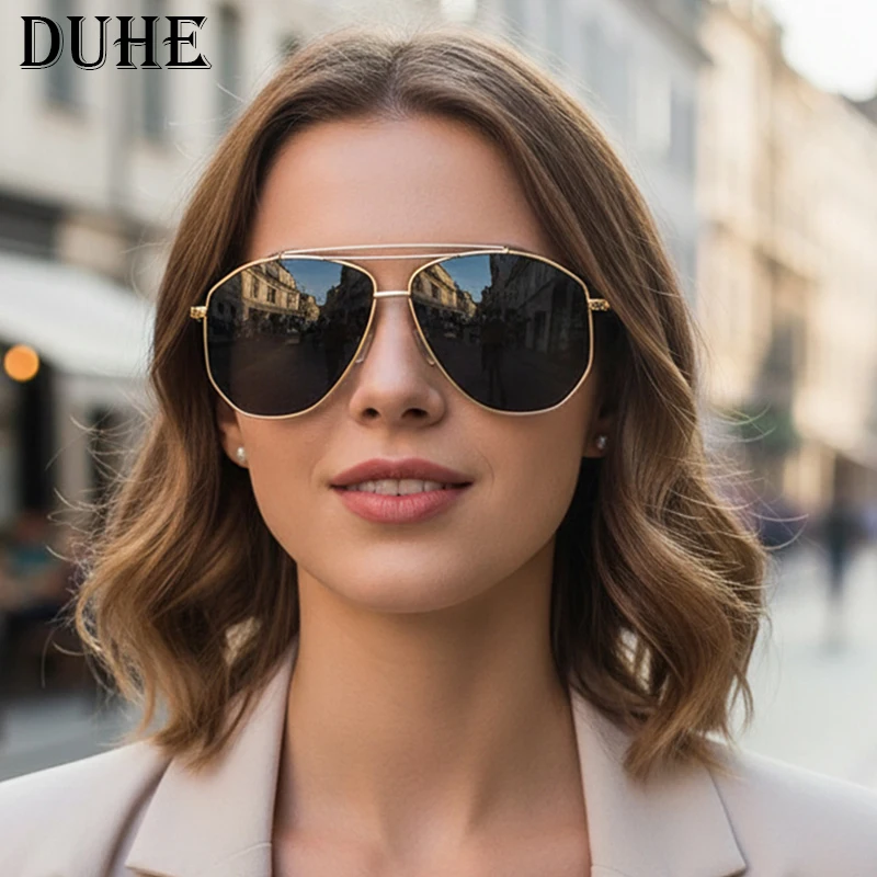 

Модные солнцезащитные очки в форме жабы с двойным мостом в большой оправе, мужские солнцезащитные очки-авиаторы в металлической оправе в стиле ретро, повседневные солнцезащитные очки для улицы