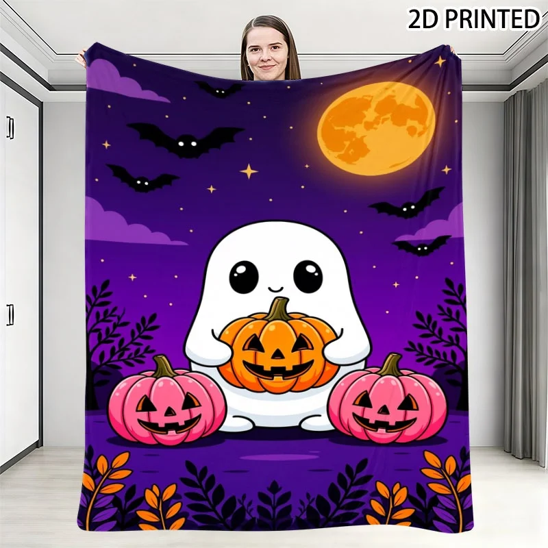 Playful Halloween Themed Throw Blanket, Cute & Jack-O'-Lantern Print with Starry Purple Night Sky and Bats Pattern, Multiple Spe