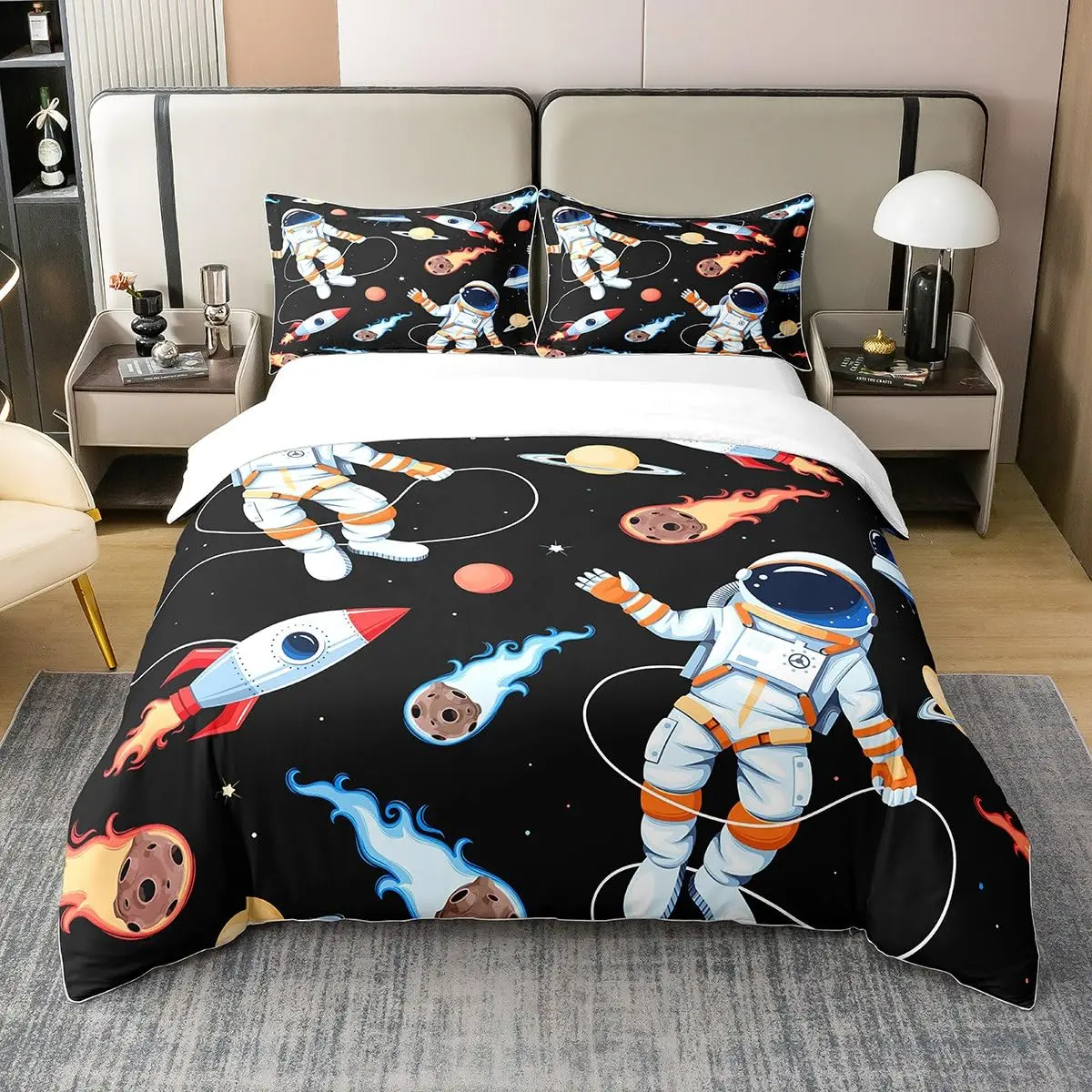 Kids Bedding Decorations, Full Size Astronaut Space Suit Pattern for Boys, Starry Sky Comforter Cover 3 Pcs with 2 Pillow Sham