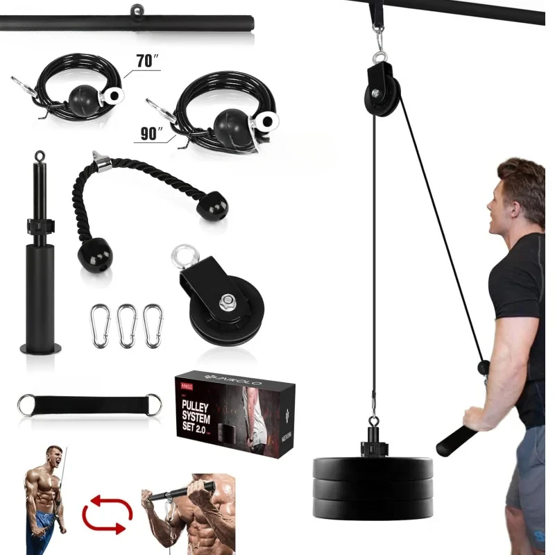 AQMikolo Fitness LAT Lift Pulley System,Dual Cable Machine(70'' and 90'') with Upgraded Loading Pin for Triceps Pull Down,Bi