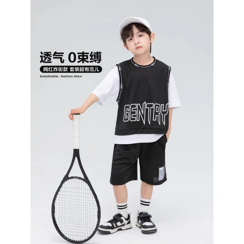 Boys summer suit2024New Summer Sports Boys Short Sleeve Shorts Children's Basketball Outfit Trendy Set