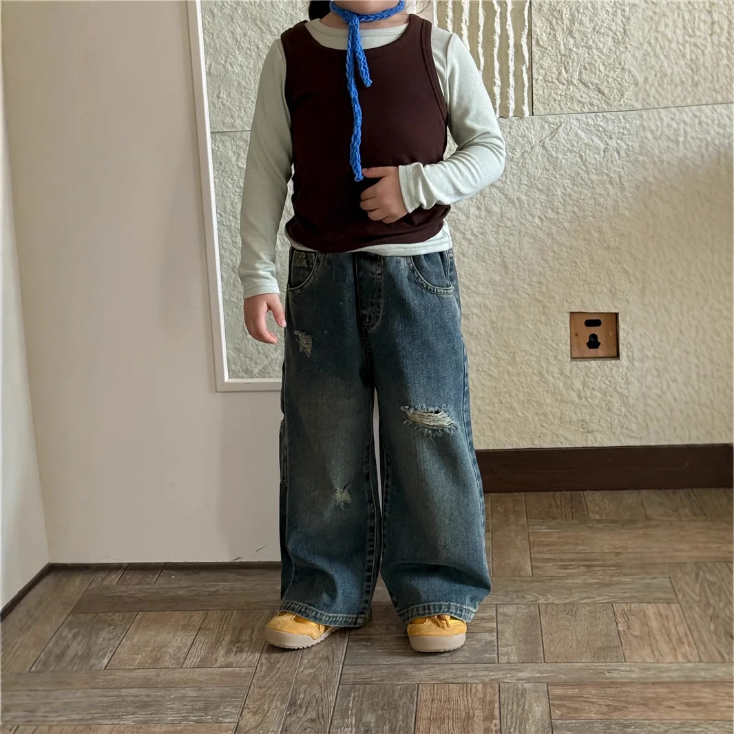Jeans Outfit Trouser Kids Pants Outerwear Clothing Casual 2025 Children Loose Versatile Ripped Retro Korean Version Autumn