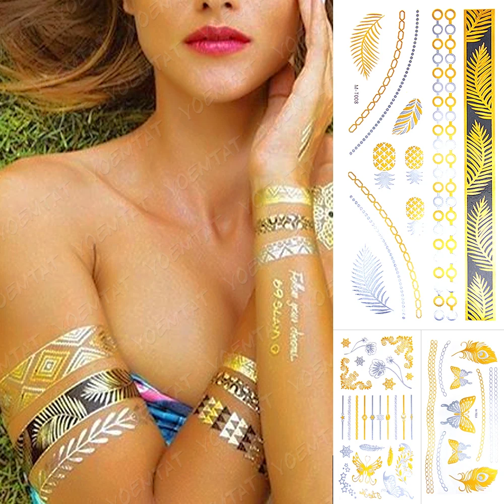 

Waterproof Temporary Tattoo Sticker Gold Silver Metallic Flash Tatoo Boho Pineapple Feather Glitter Henna Bracelet Butterfly Art