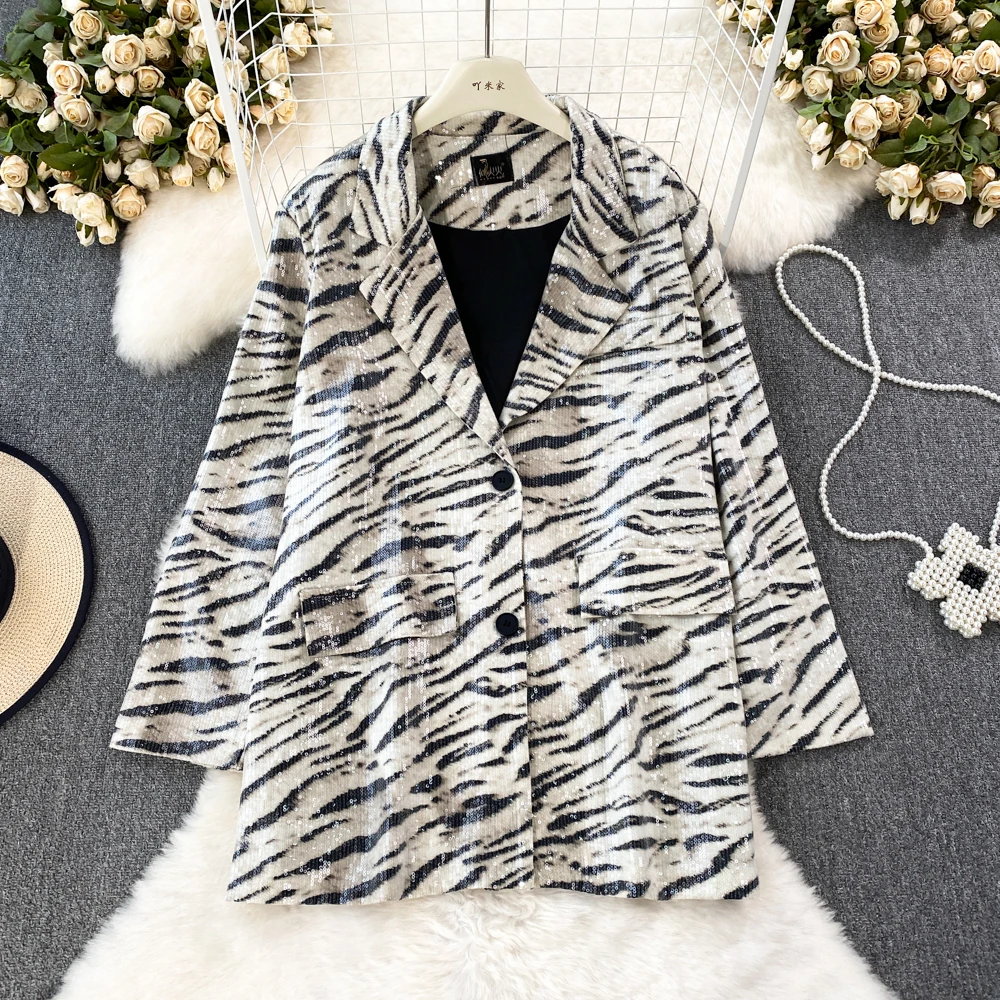 KUSAHIKI Fashion Printing Sequins Blazer Coat Autumn Winter 2023 New Cool Fashion Suit Jacket Korean Elegant Women Blazers