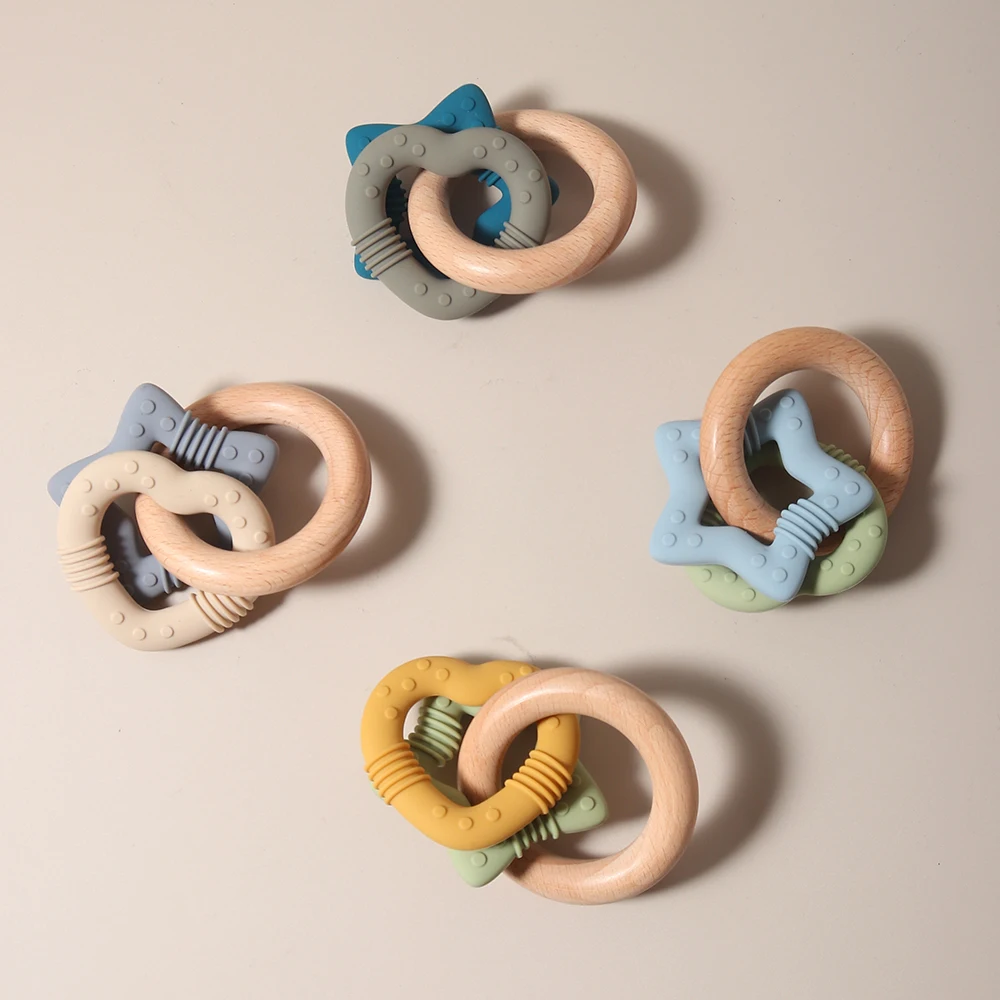 

Silicone teether baby gift heart love star beech wood ring cute teething toy chew bead sensoryd sensory gum relief soother