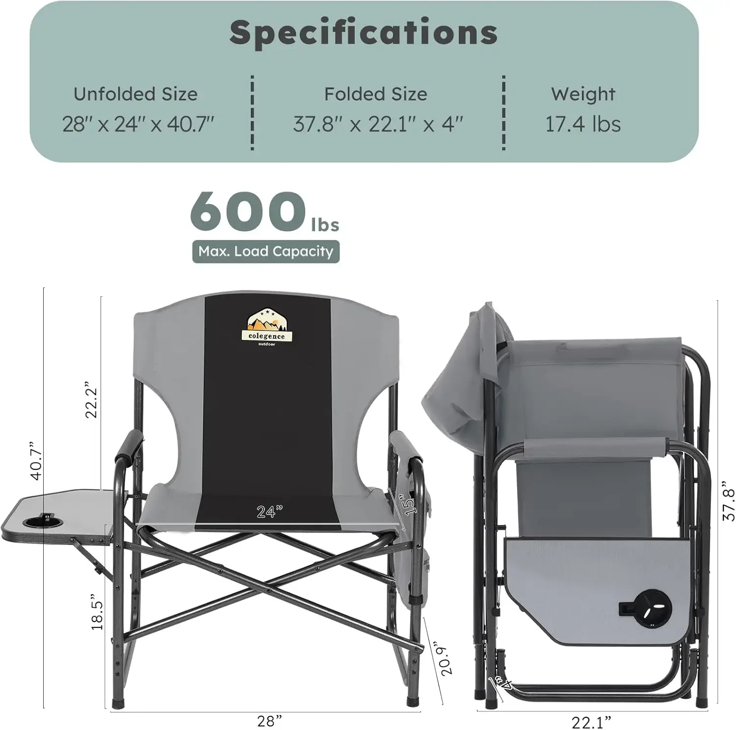 Directors Camping Chair Set of 2 Support 600 LBS, Heavy Duty Folding Outdoor Chairs with Detachable Side Pocket and Ad