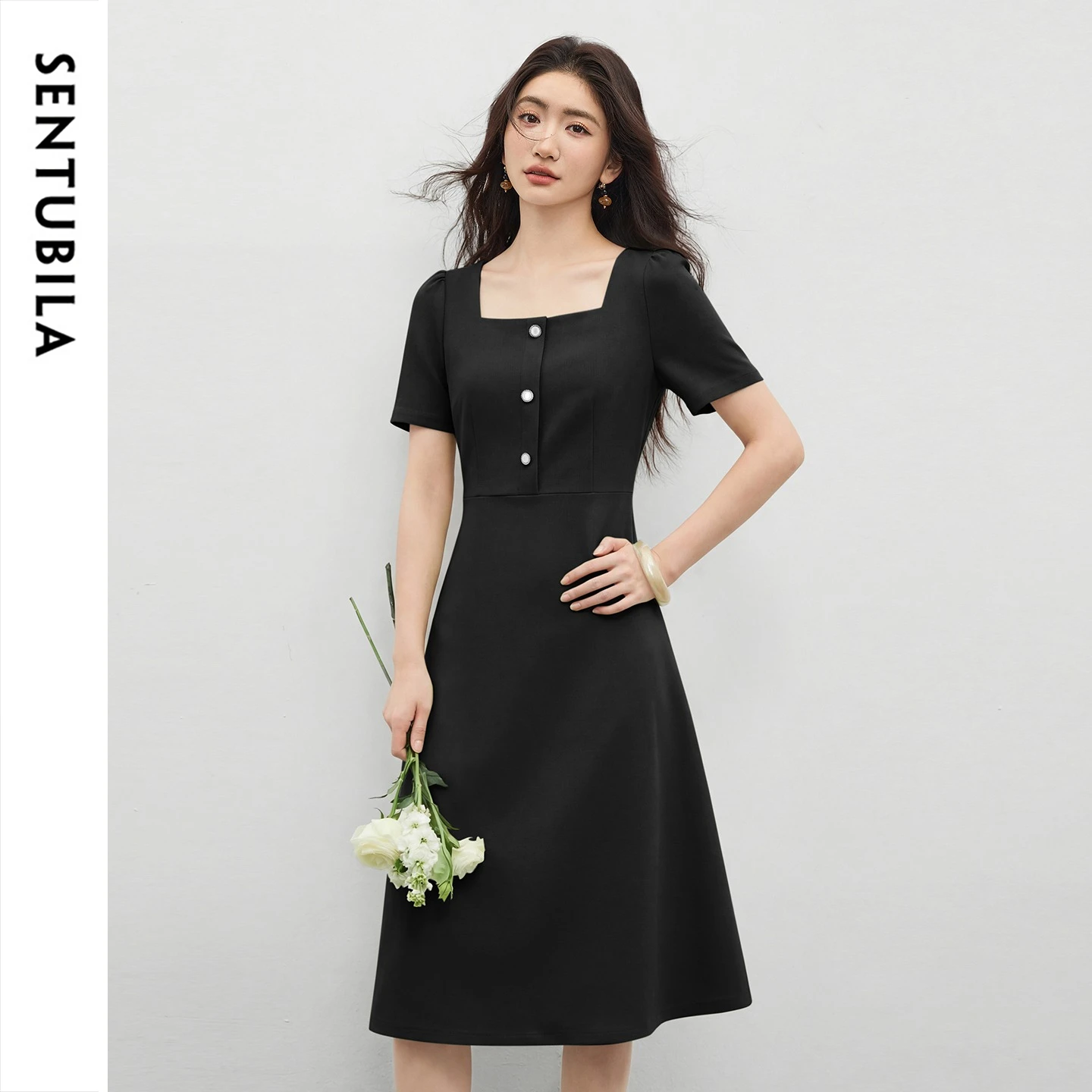 SENTUBILA Women's French Square Neck Short Sleeve Dress 2026 Summer Fashion Color Block Button Slim Knit A-Line Dress 162LI6573X