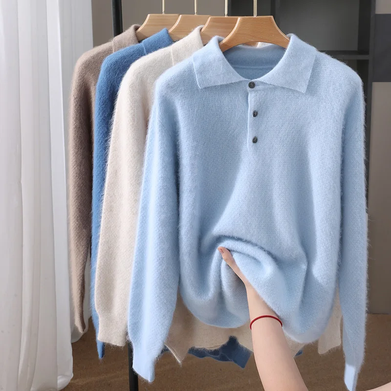 

Autumn and winter new mink cashmere sweater men's polo collar thick sweater loose knit long sleeved warm shirt