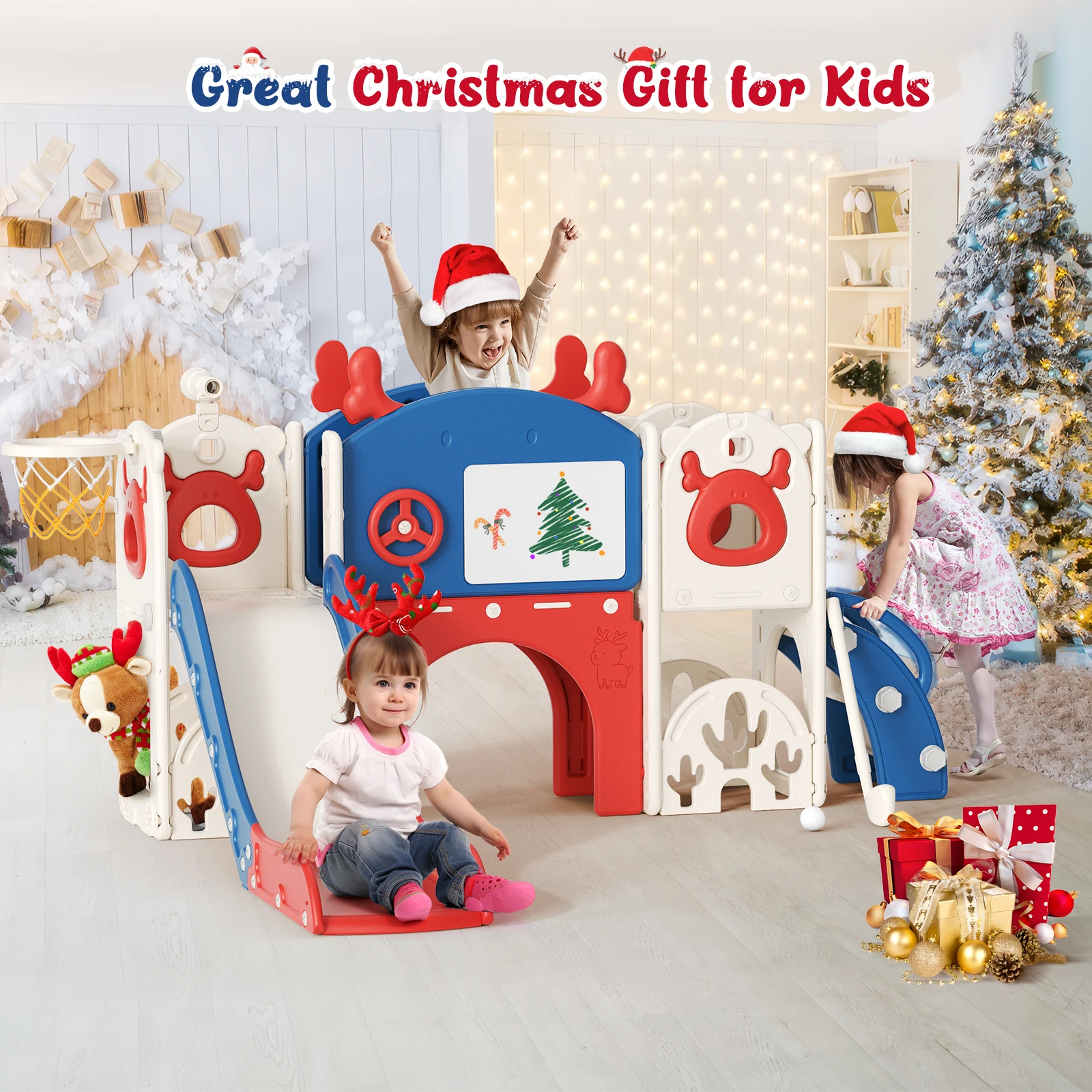 Scivolo per bambini 7 in 1 con scala da arrampicata, cestino da basket, set di diapositive in plastica per bambini, giochi per parco giochi Montessori, regalo di Natale