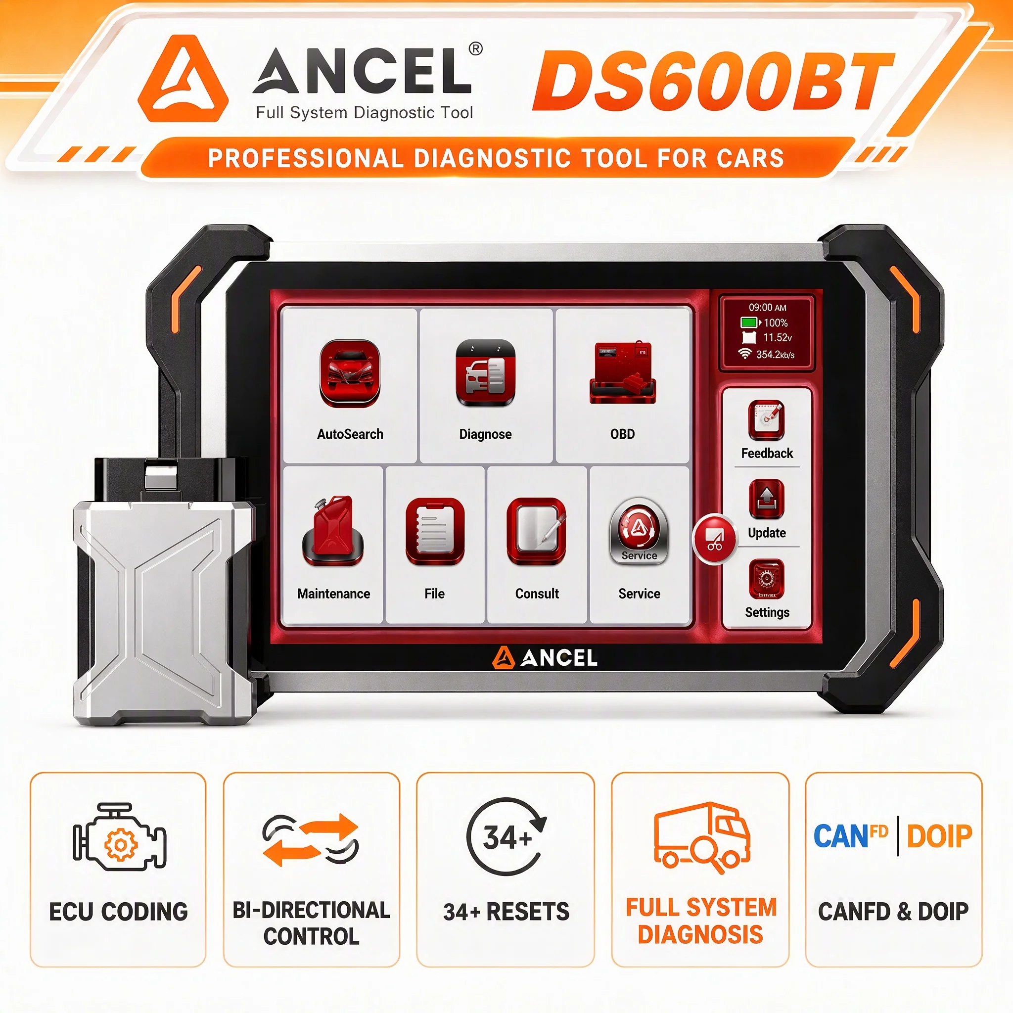 ANCEL DS600BT OBD2 Scanner Bidirectional Full System Automotive Diagnostic Tool ECU Coding Key Programming CANFD DOIP 34+ Reset
