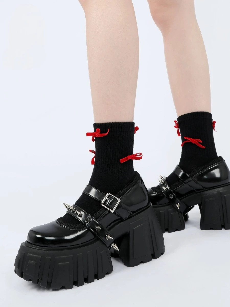 Metal Punk Style Lolita Single Shoes Elevated Gothic Leather Shoes Retro Black Round Toe Cool Fashion Single Shoes