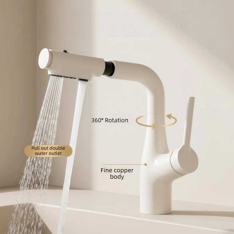Household Bathroom Washbasin, Milky White, Adjustable Height, Pull-out Basin, Hot and Cold Water Faucet, Anti-Splash Design