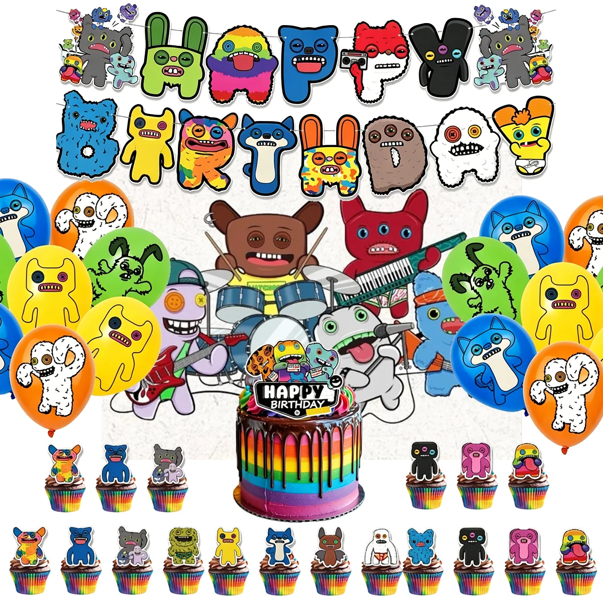 Décoration de fête d'anniversaire sur le thème du monstre amusant et moche Fuggler, toile de fond à dents étranges, ballons, décoration de gâteau, bannière, cadeau pour enfants
