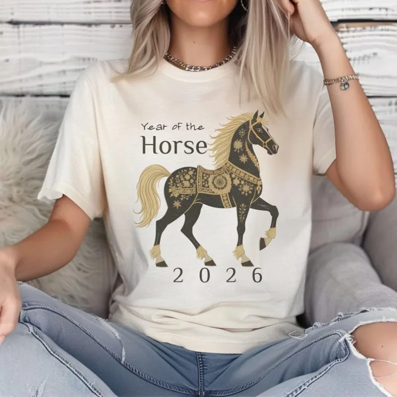 Year of The Horse 2026 T-Shirt Chinese Zodiac Horse Tee Gift for Equestrian Animal Lover Present Soft Comfortable Outdoors Tops