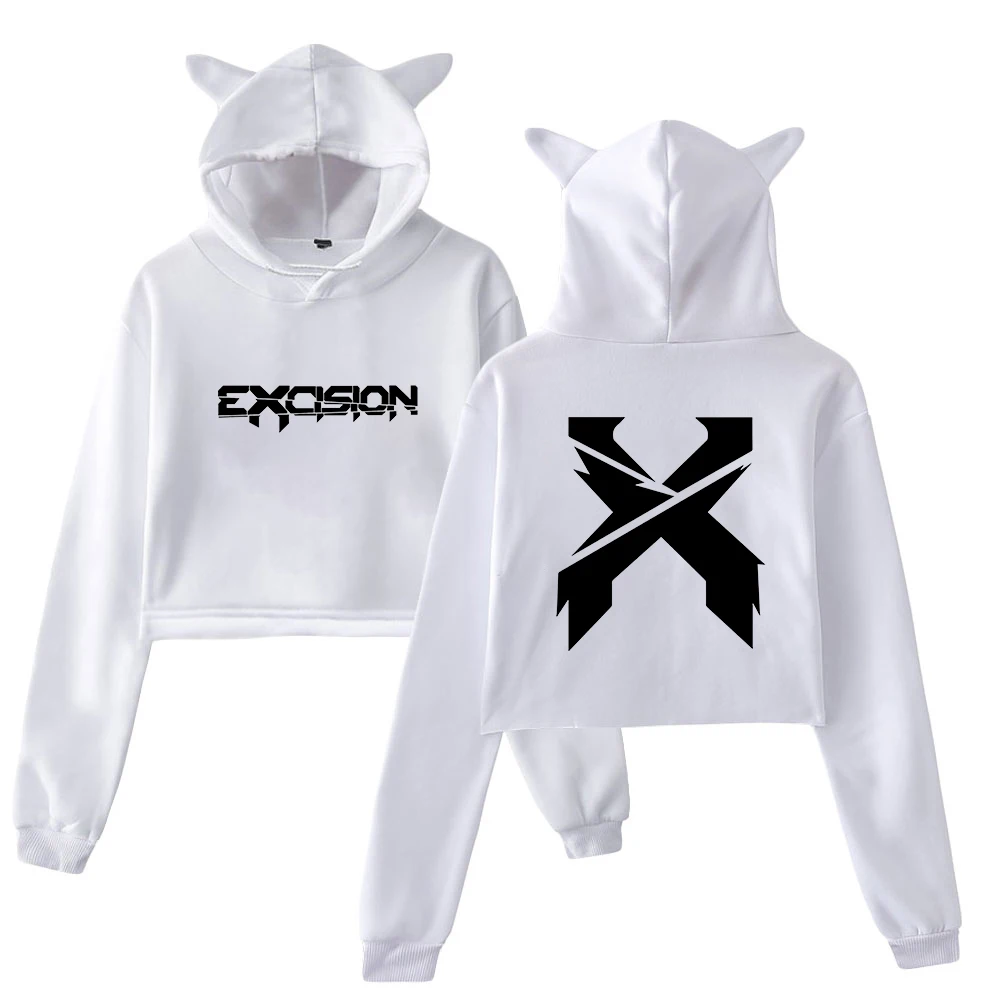 Excision Merch Cover Pullover 2024 Nexus Tour Female Cat Ears Hoodie Long Sleeve Streetwear Crop Top Women's Clothes